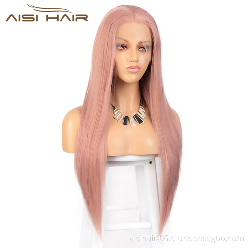Straight Lace Frontal 26 Inch Wig Synthetic Cosplay Long Pink Wig Silky Front Lace Hair Wigs For Black White Women